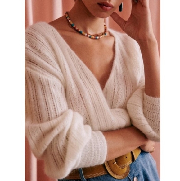 Sezane Sweaters - SÉZANE Cristina Cream Mohair Wool Crossover V Neck Crossover  Pointelle Sweater